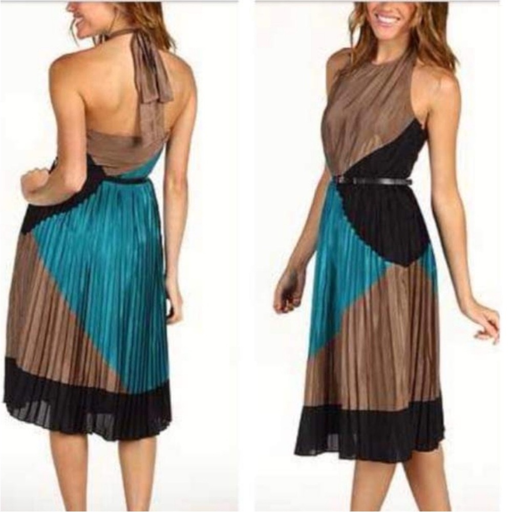 🕶️Vince Camuto Teal Taupe Black Halter colorblock dress 14
